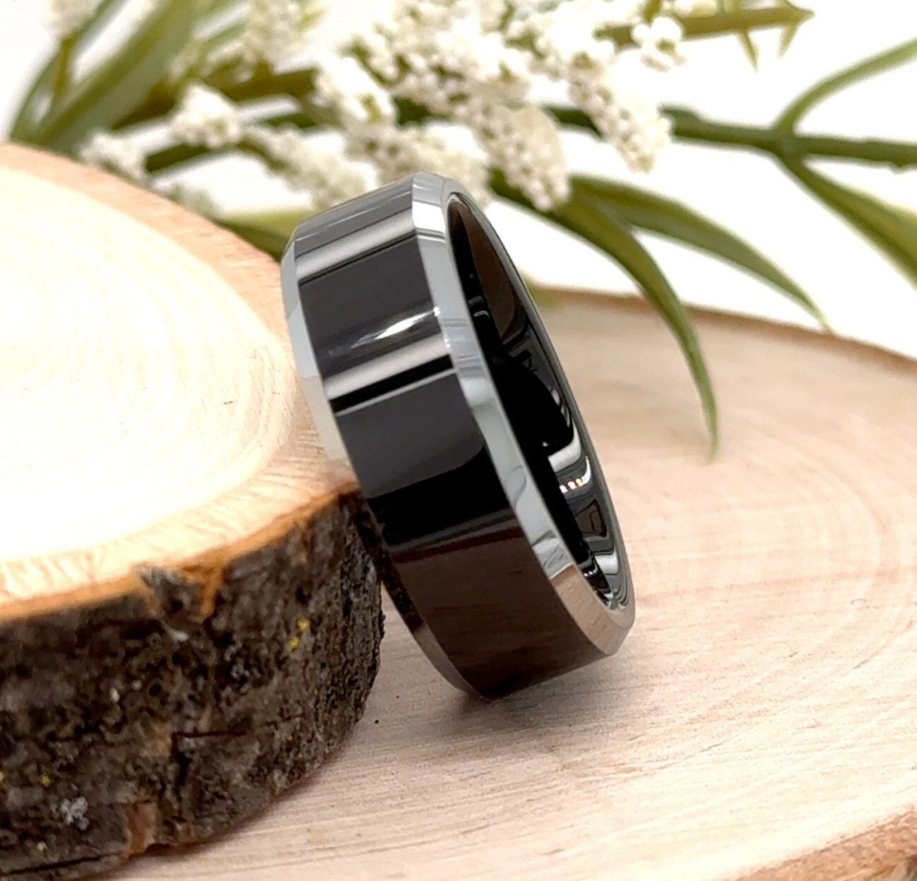Black & Silver Tungsten 8MM Christmas Band High Polished Finish Comfort Fit Ring