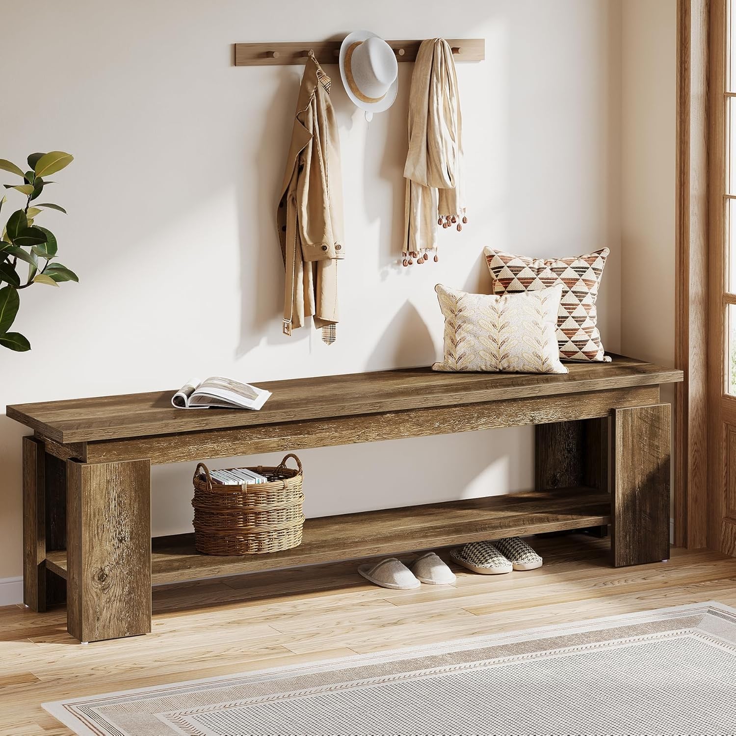63" Wooden Entryway Bench with Shoe Storage Shelf, Farmhouse End of Bed Bench