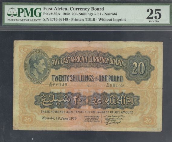 East Africa Currency Board, 1941, KGV1, 20/Shillings, P-30a, PMG Very Fine 25!