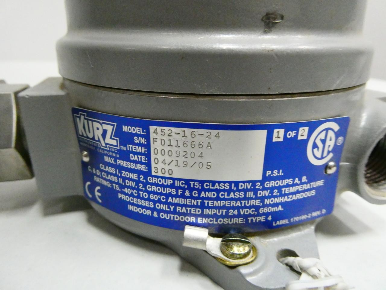 Kurz Instruments 452-16-24 Insertion Mass Flow Element 300psi