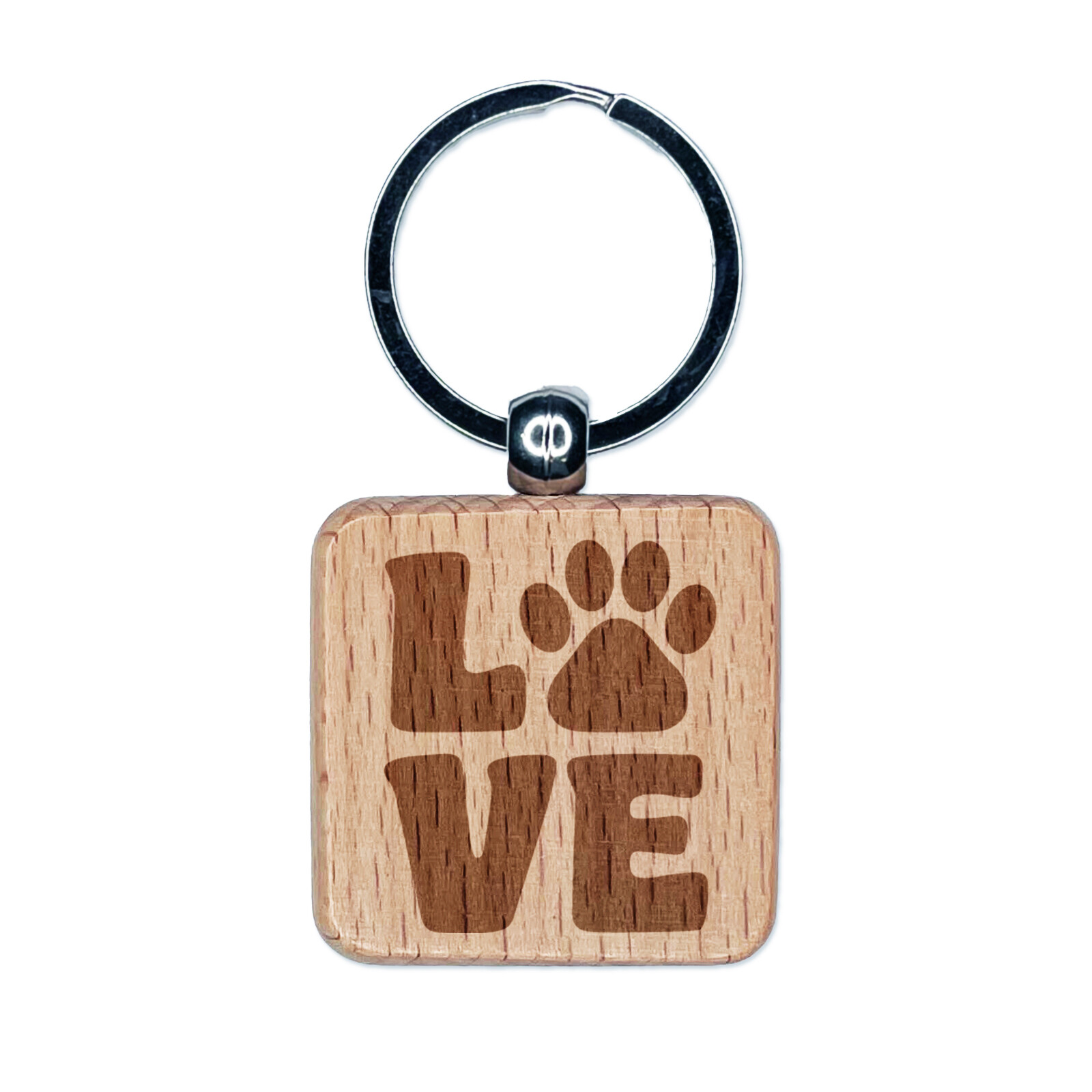 Love Stacked Paw Print Engraved Wood Square Keychain Tag Charm