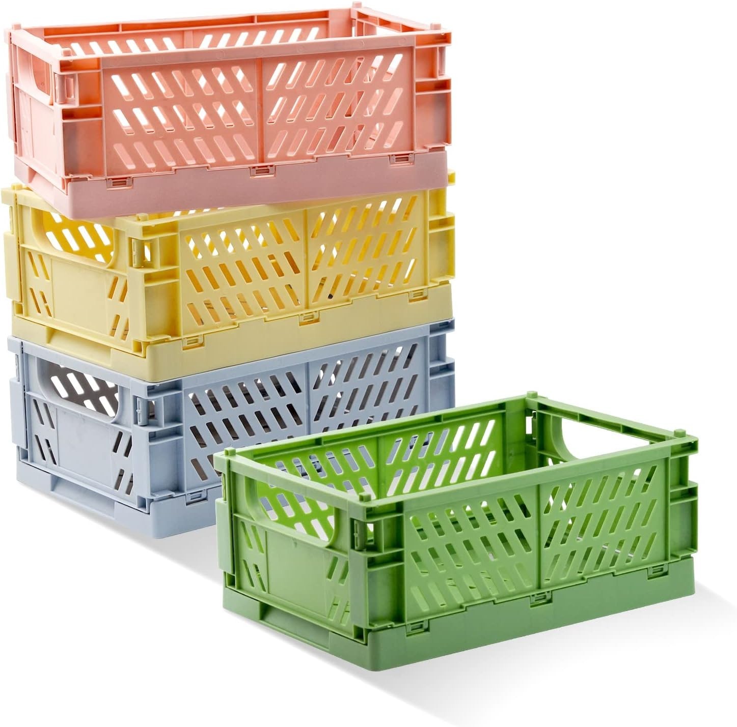 Space-Saving 4 Pack Plastic Folding Crates - Versatile Storage Baskets in Pastel