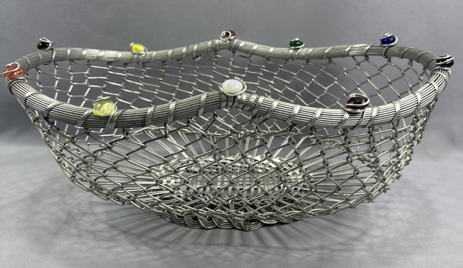 Vintage Dary Rees Silver Metal Wire Woven & Jeweled Metal Basket W/Color Stones
