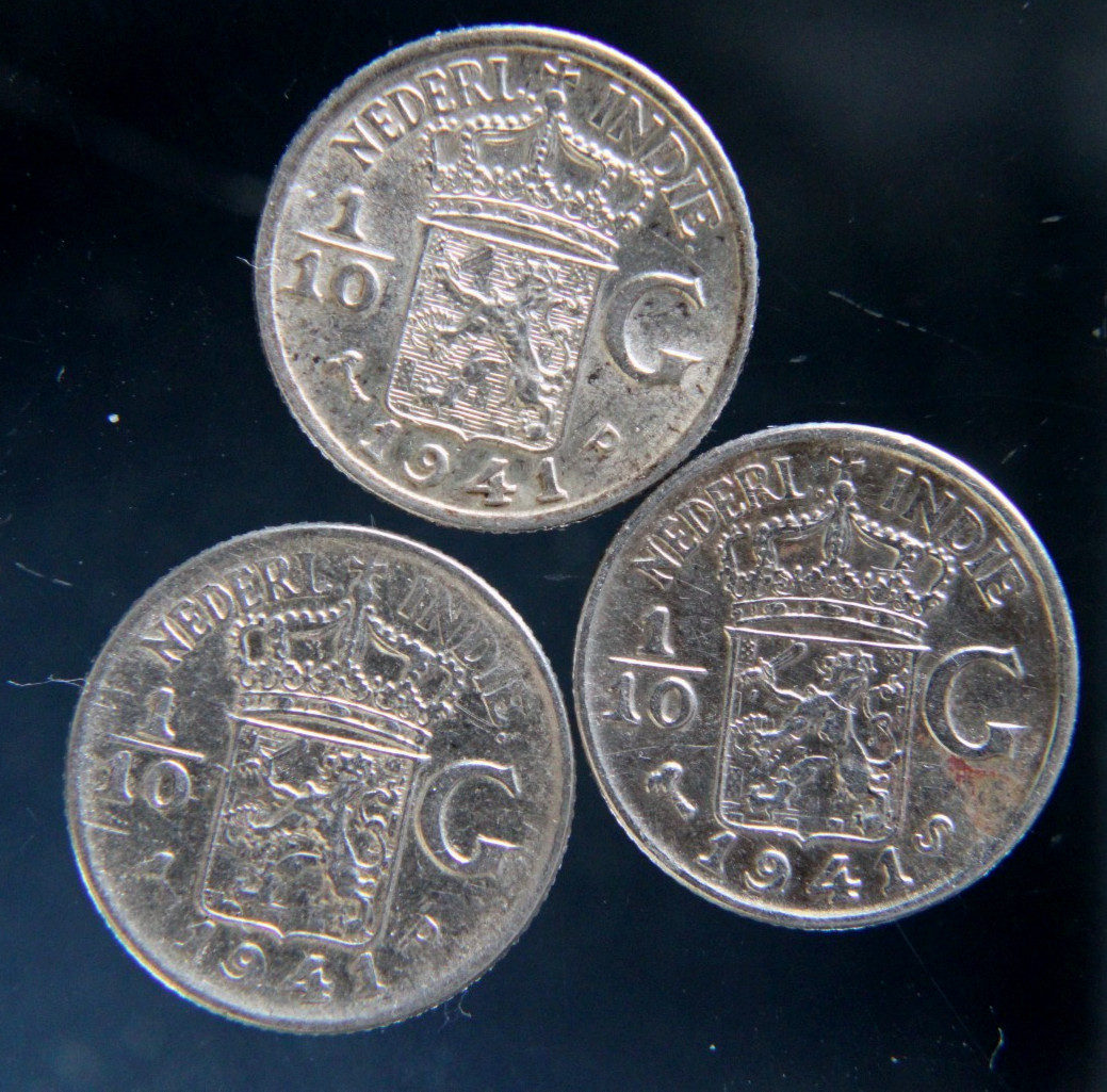 Netherlands East Indies 3x 1/10 Gulden Silver coins 1941