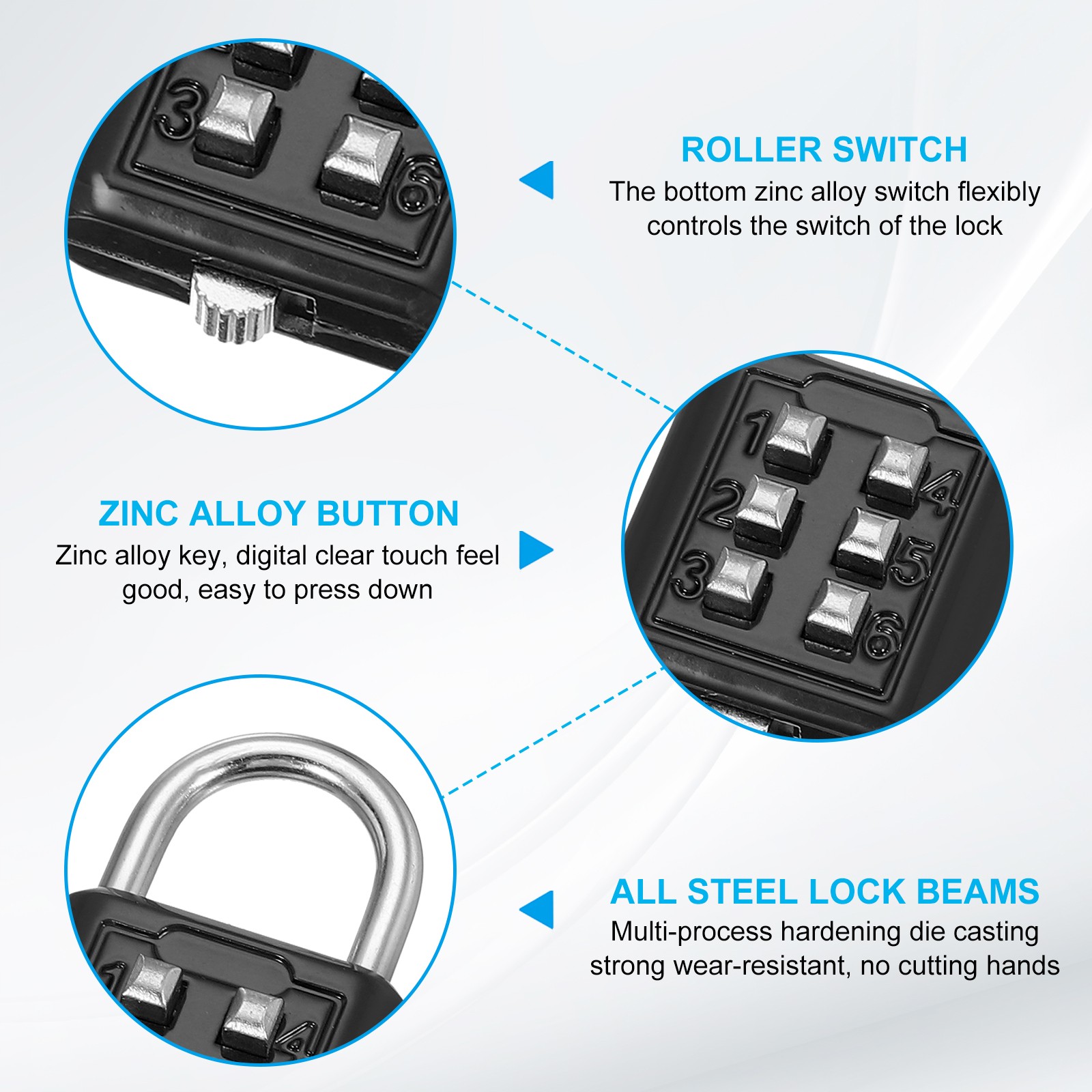 Push Button Combination Padlock 6-Digit 3-Position Lock Black