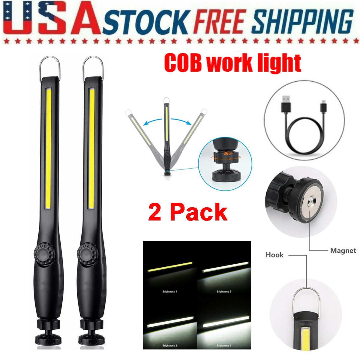 2Rechargeable LED COB Slim Work Light Mechanic Flashlight Lamp Bar Camping Torch