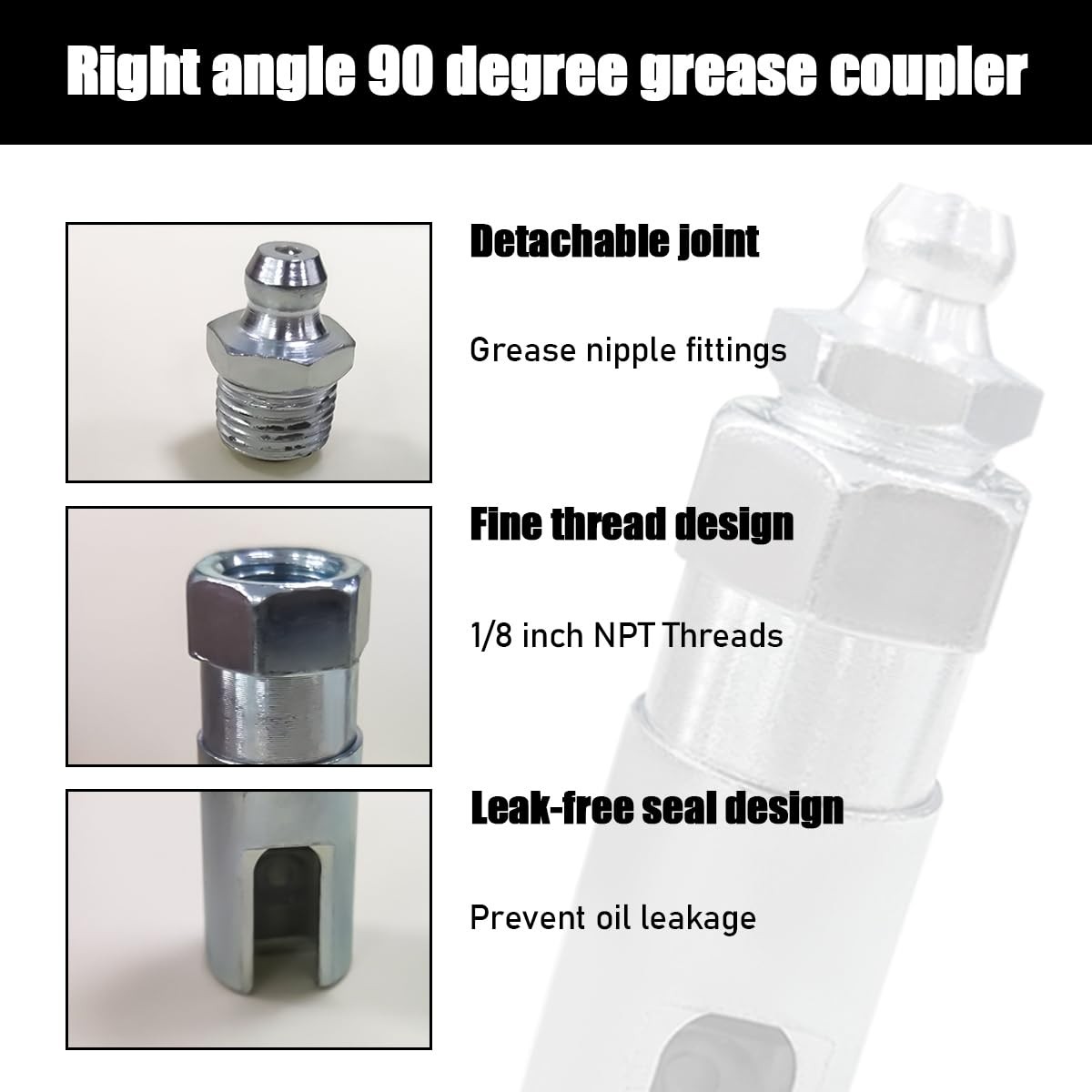 Grease Gun Coupler with 1/8 inch NPT Threads, Push on Slotted Right Angle 90