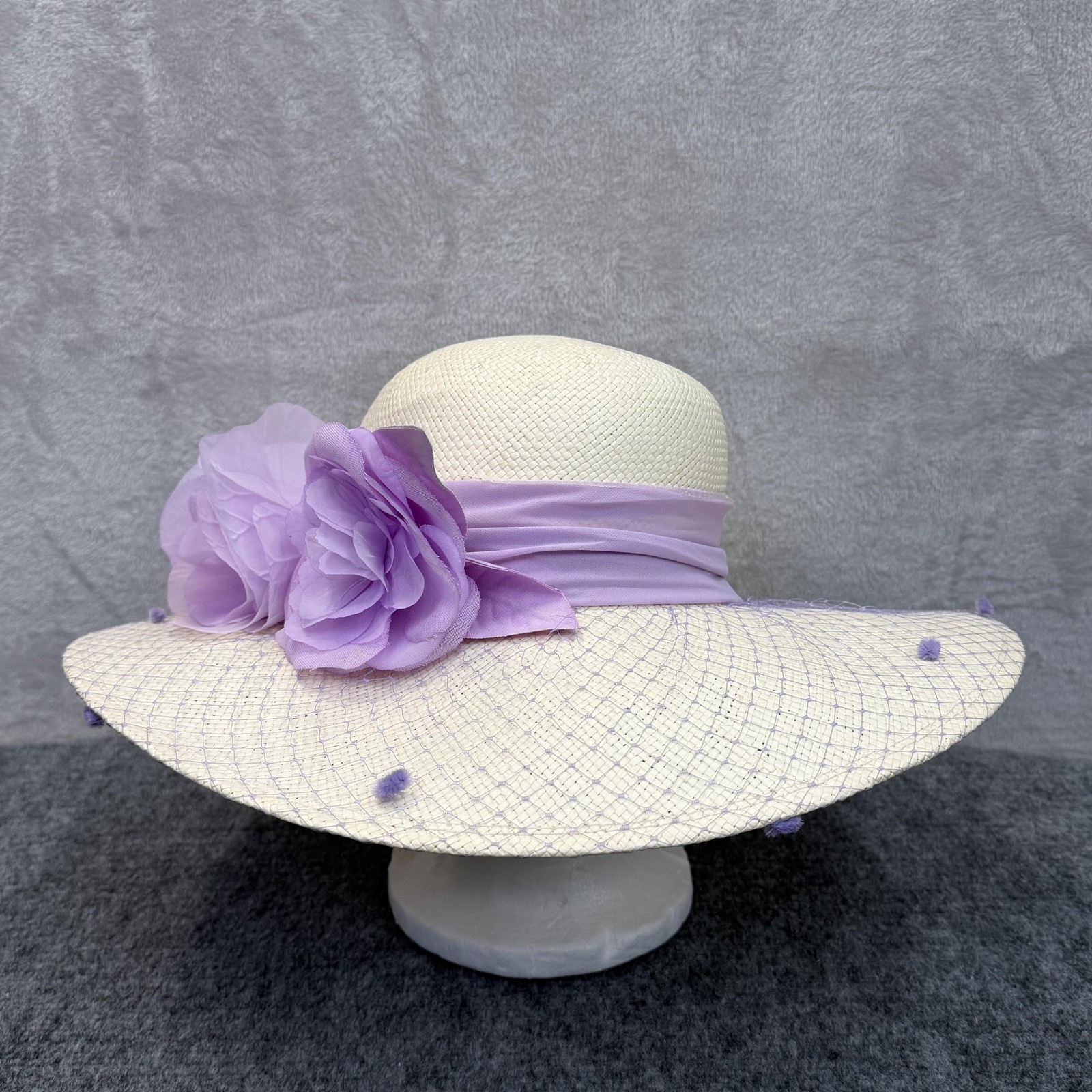 August Hat Sun Womens White Purple Wide Brim Pleated Ruffle Derby Wedding Church