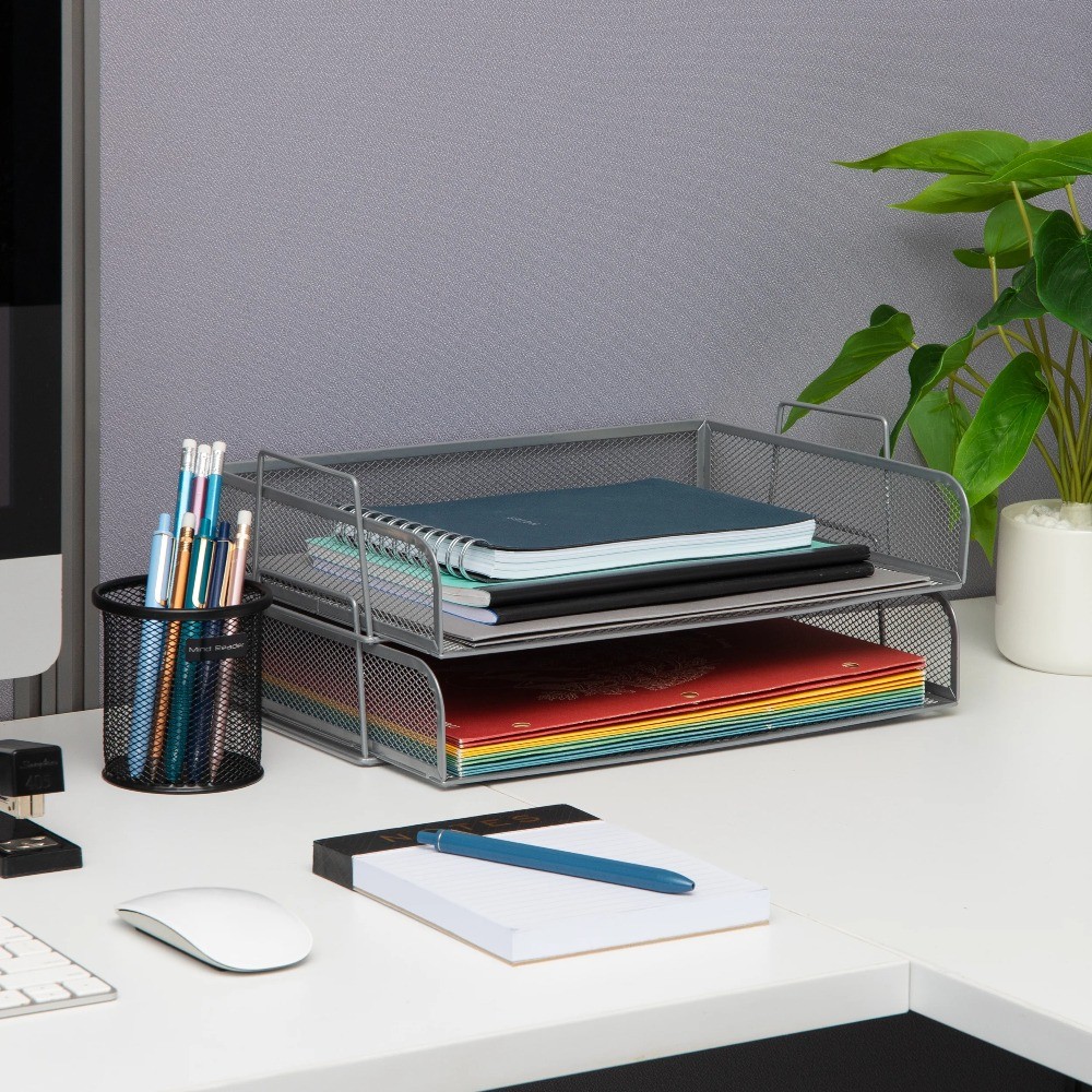 Stackable Paper Tray, Desktop Organizer, Storage, Office, Metal, 2 Pcs., Silver