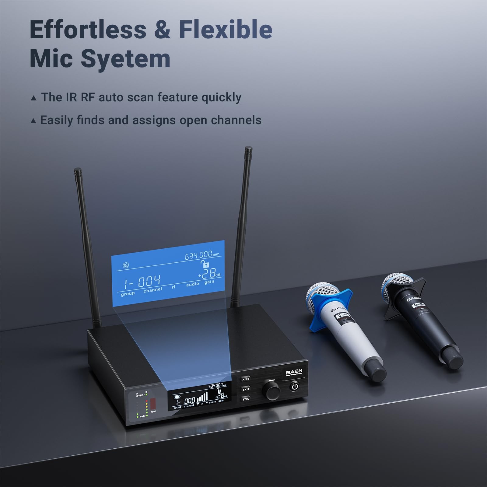 BASN Wireless Two Microphone System with UHF Dual-Channel Black & White