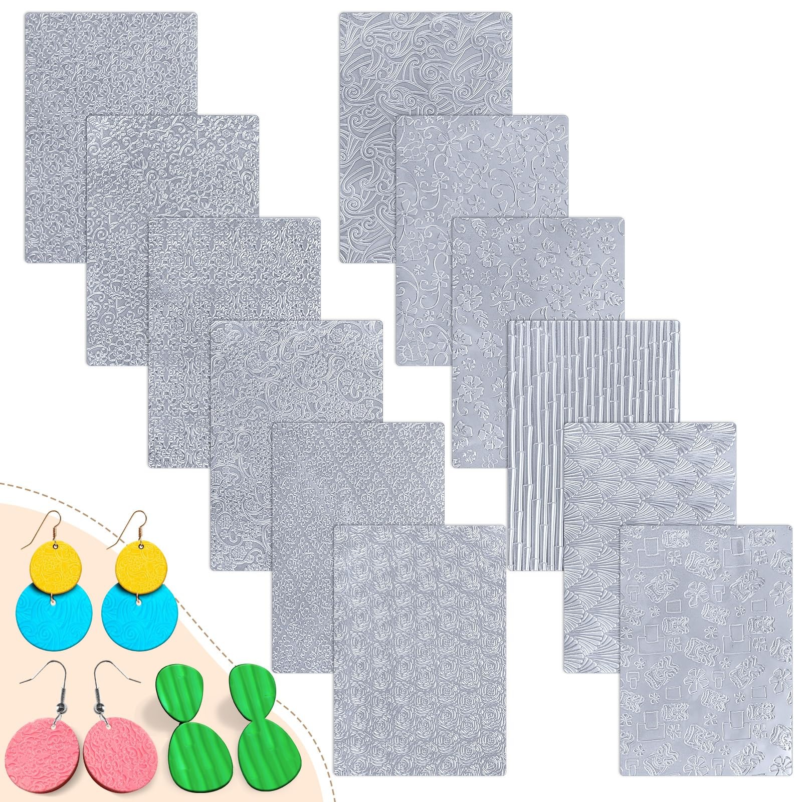 12 Pcs Polymer Clay Texture Sheets for Earrings Jewelry Making 10" x 7" Boho C