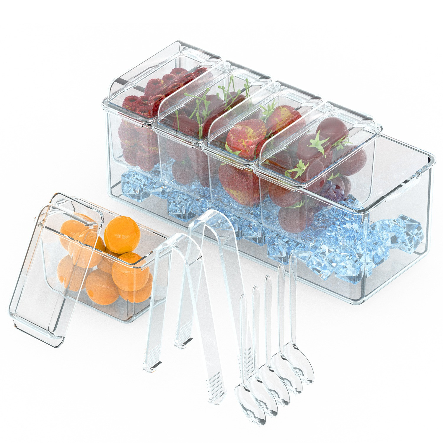 Ice Chilled Condiment Caddy Serving Tray with 5 Containers Lids Tongs and Sporks