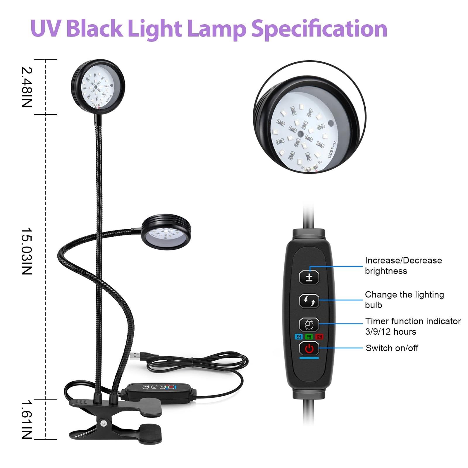 USB UV Black Light Dual Head, 10W 395nm-405nm LED Lamp with Clamp, Gooseneck ...