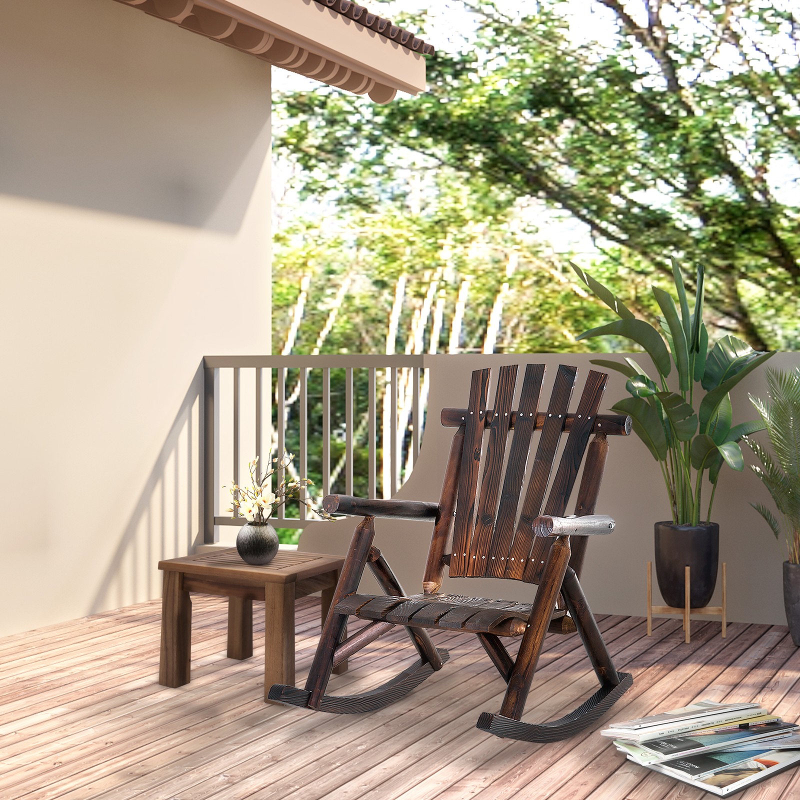 Outdoor Wooden Rocking Chair, Rustic Adirondack Rocker with Slatted Seat