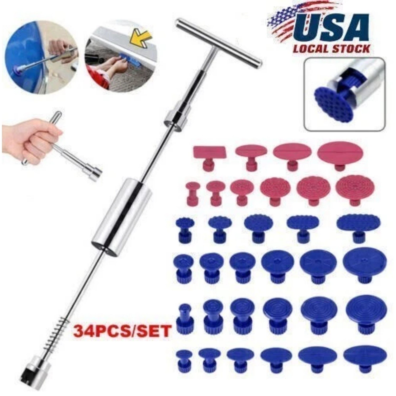 34pcs Car Paintless Dent Removal Kit Slide Hammer Repair PDR Glue Puller Tabs .