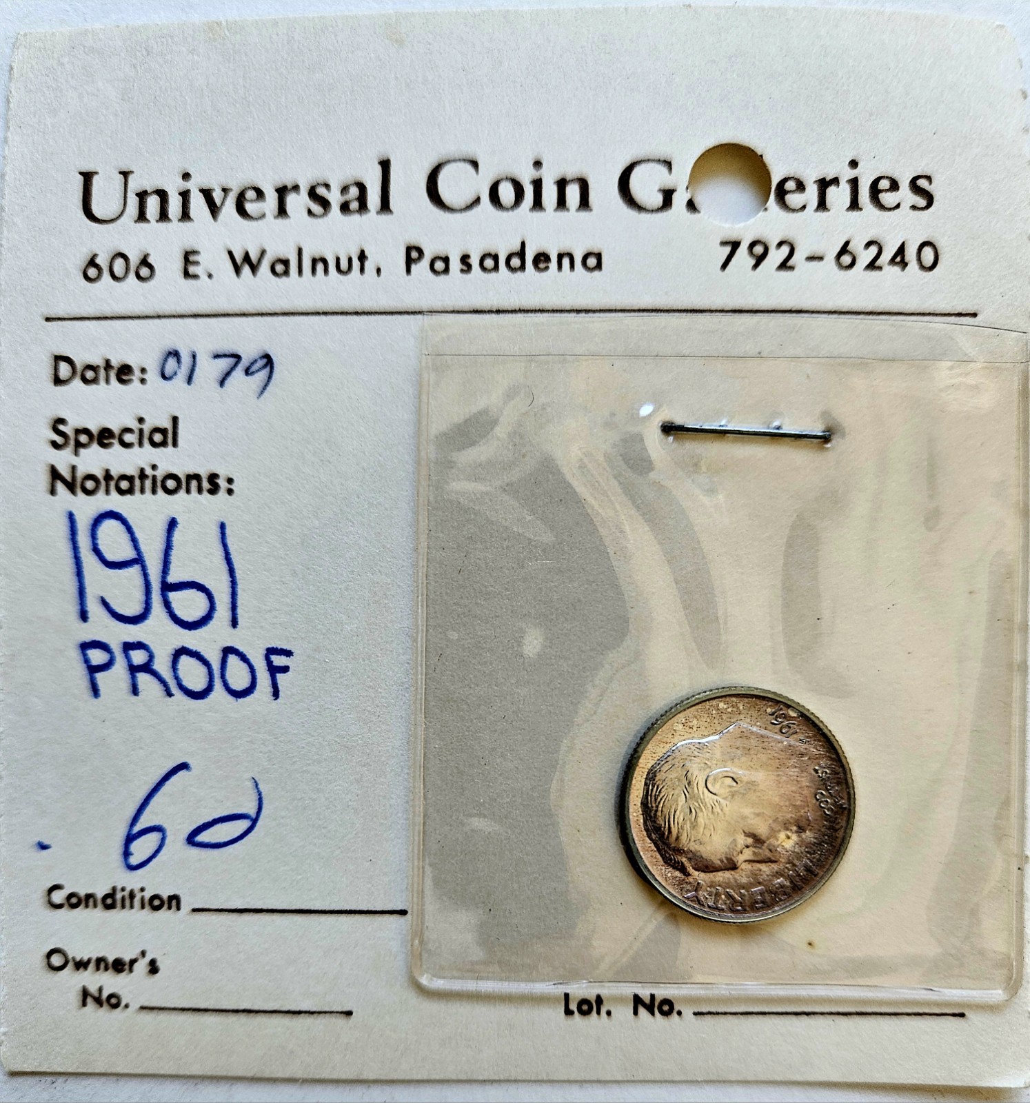 1961 Proof Roosevelt Dime / Toned, 90% Silver