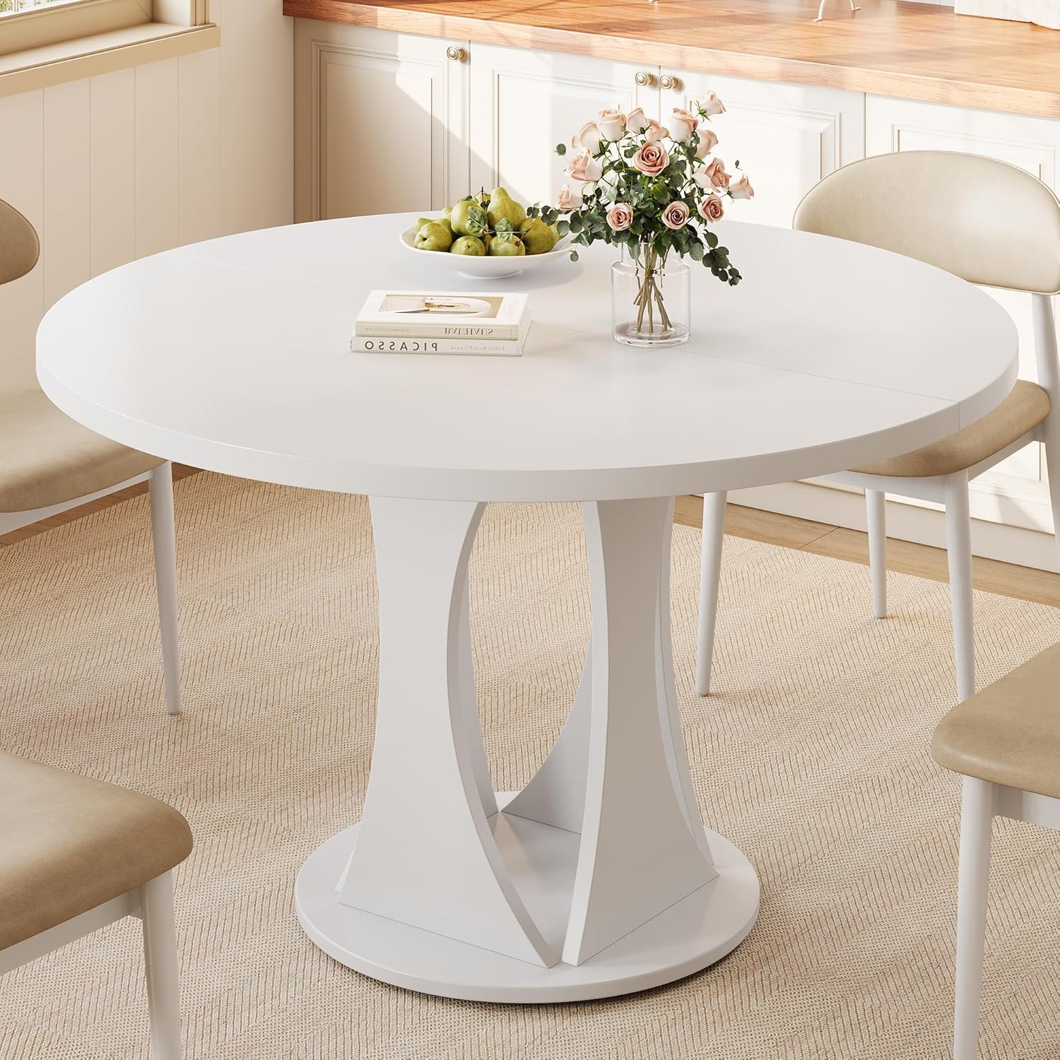 59" Extendable Round Dining Table 6-8 Kitchen Table W/ Sturdy Double Arc Base