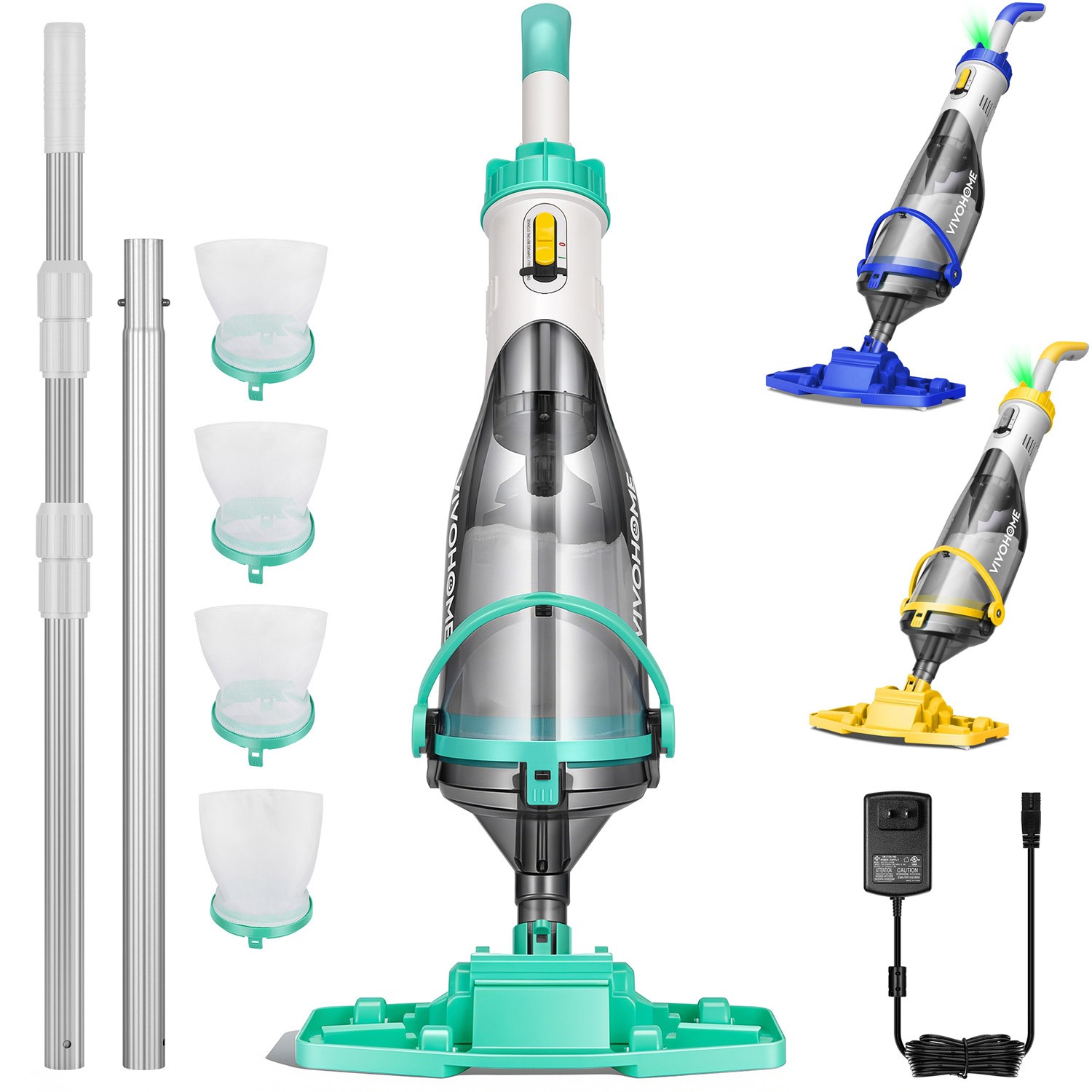 Cordless Rechargeable Pool Vacuum Handheld Cleaner w/ Telescopic Pole 60min IPX8