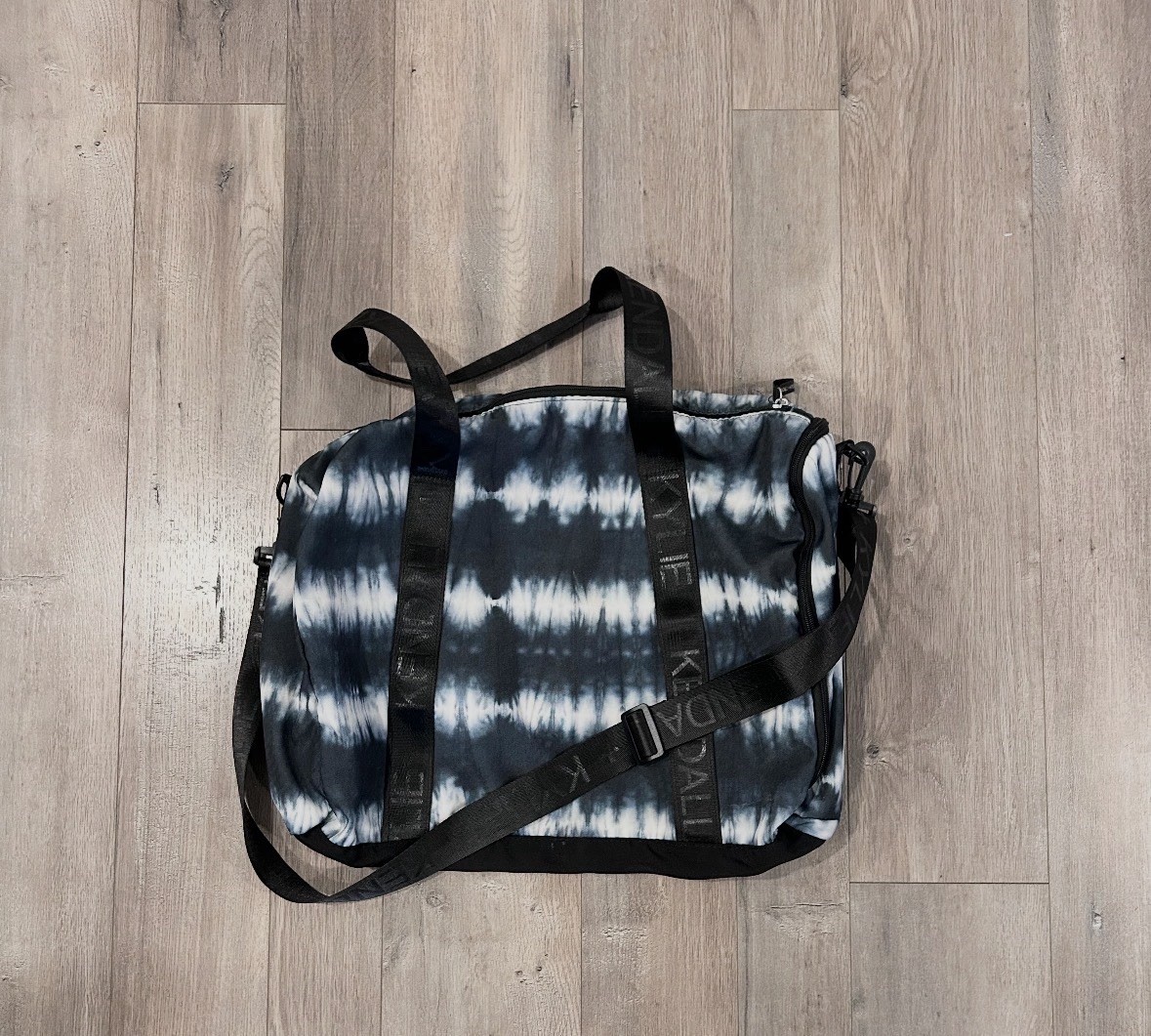 Kendall + Kylie Tie-Dyed Black White Duffle Bag Adjustable Straps Zipper Closure