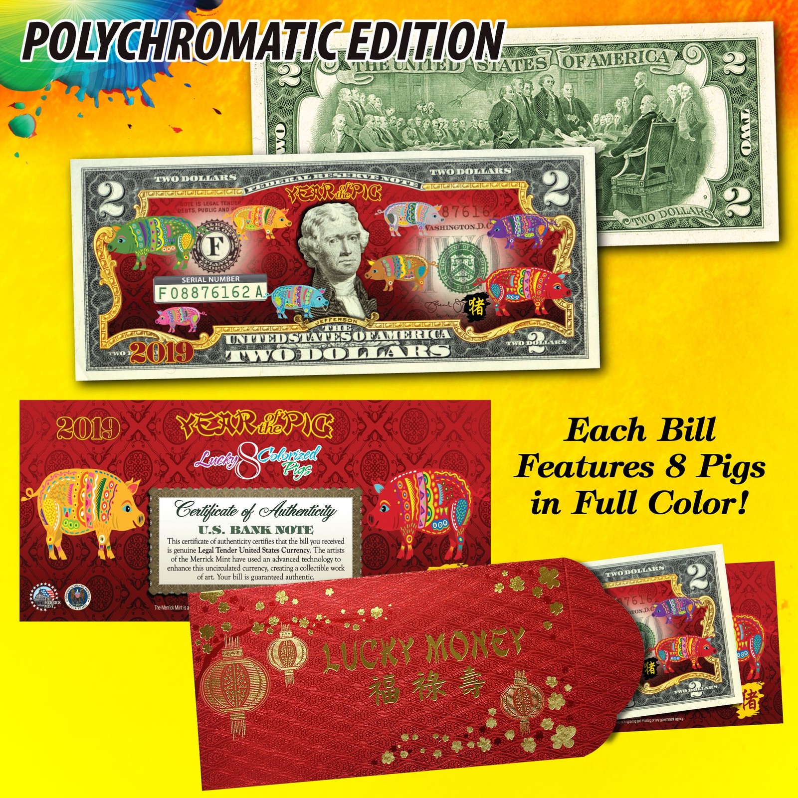 2019 CNY Lunar Chinese New YEAR OF THE PIG Polychromatic 8 Pigs $2 U.S. Bill RED