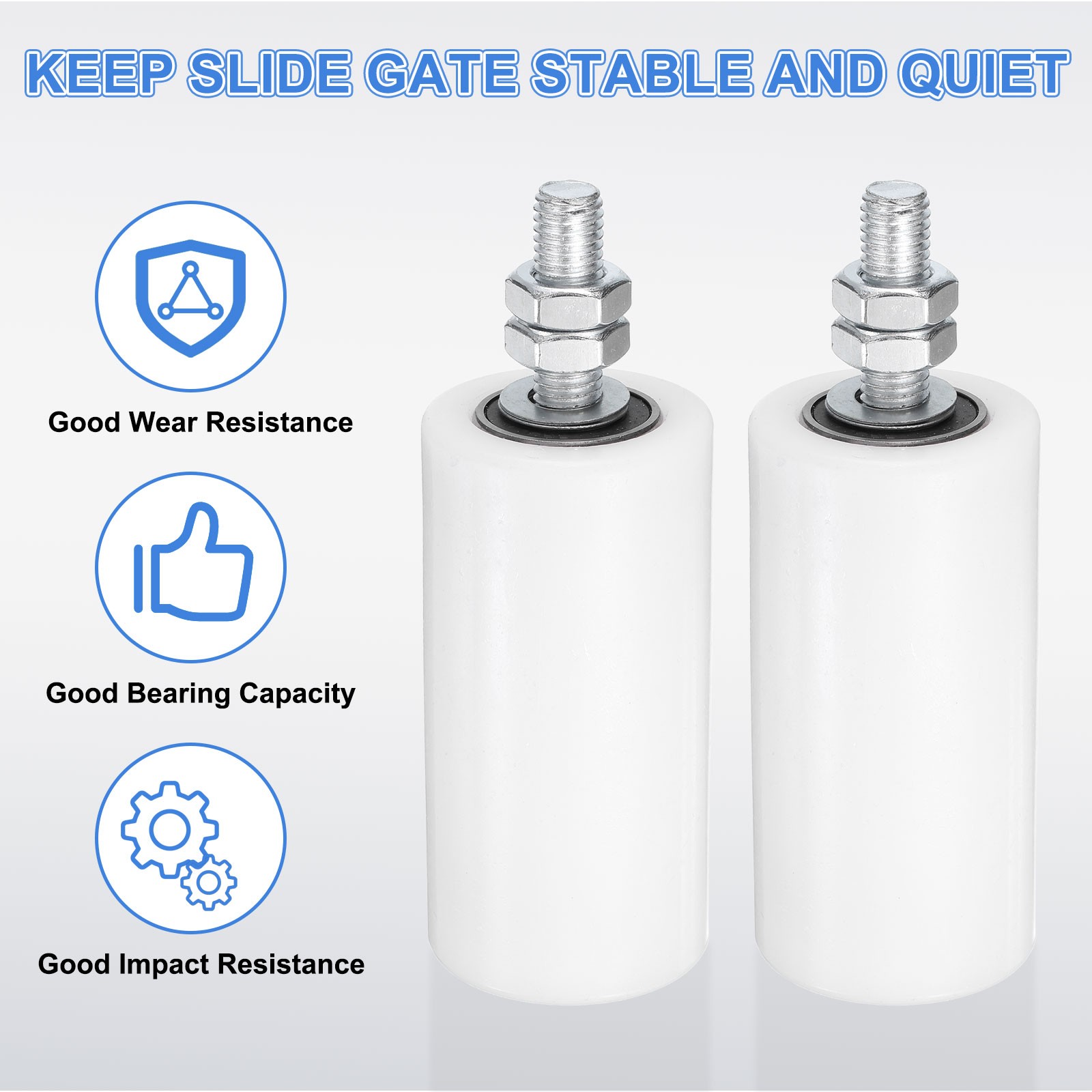 2Pcs Slide Gate Guide Roller, 4" Nylon Sliding Gate Support Assembly, White