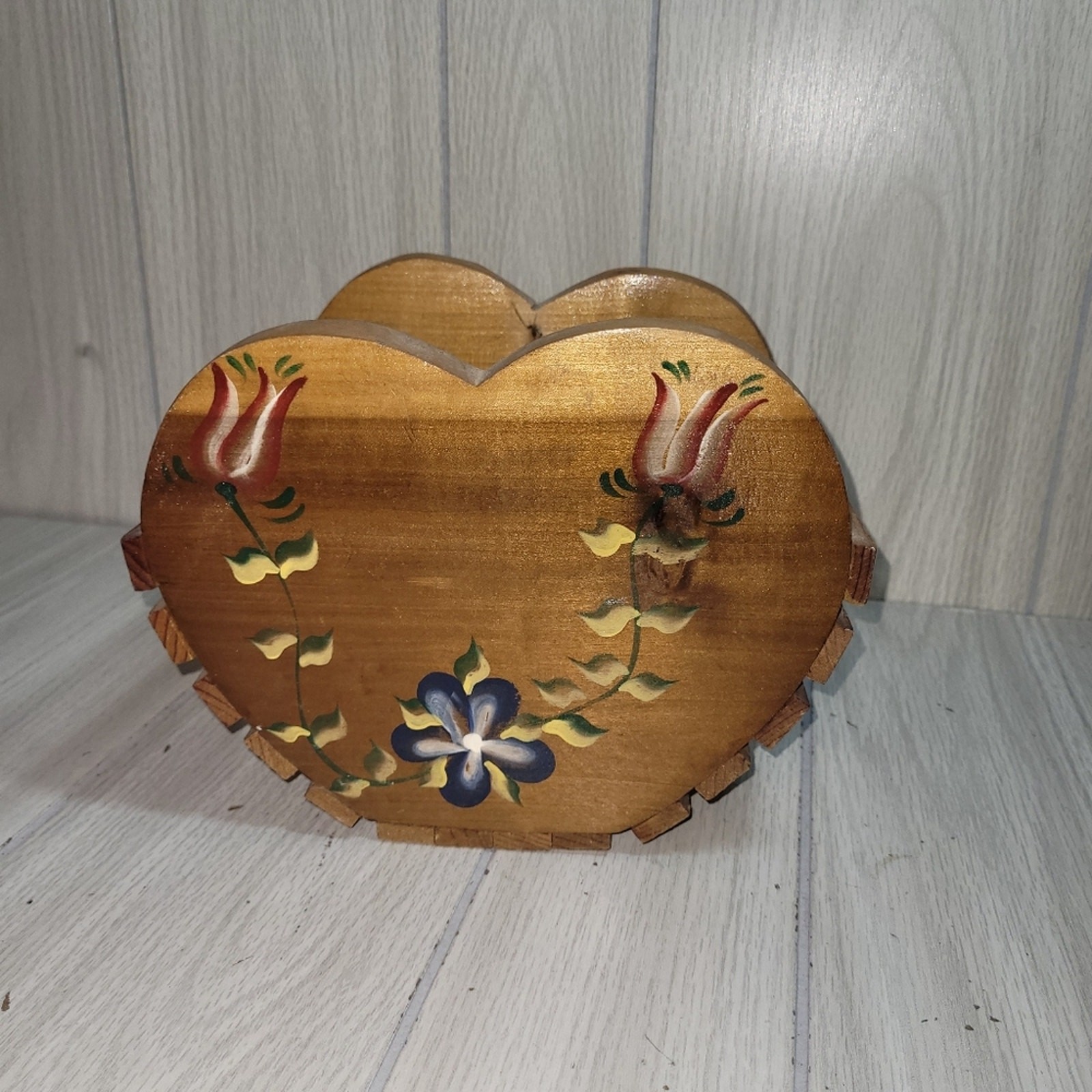 Vtg Handcrafted Wooden Heart Box Handpainted Floral Design Retro Farmhouse
