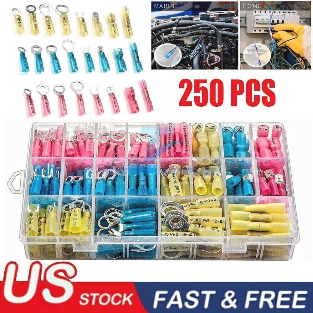 Heat Shrink Wire Connectors Electrical Ring Fork Spade Crimp Terminals Kit 250PC