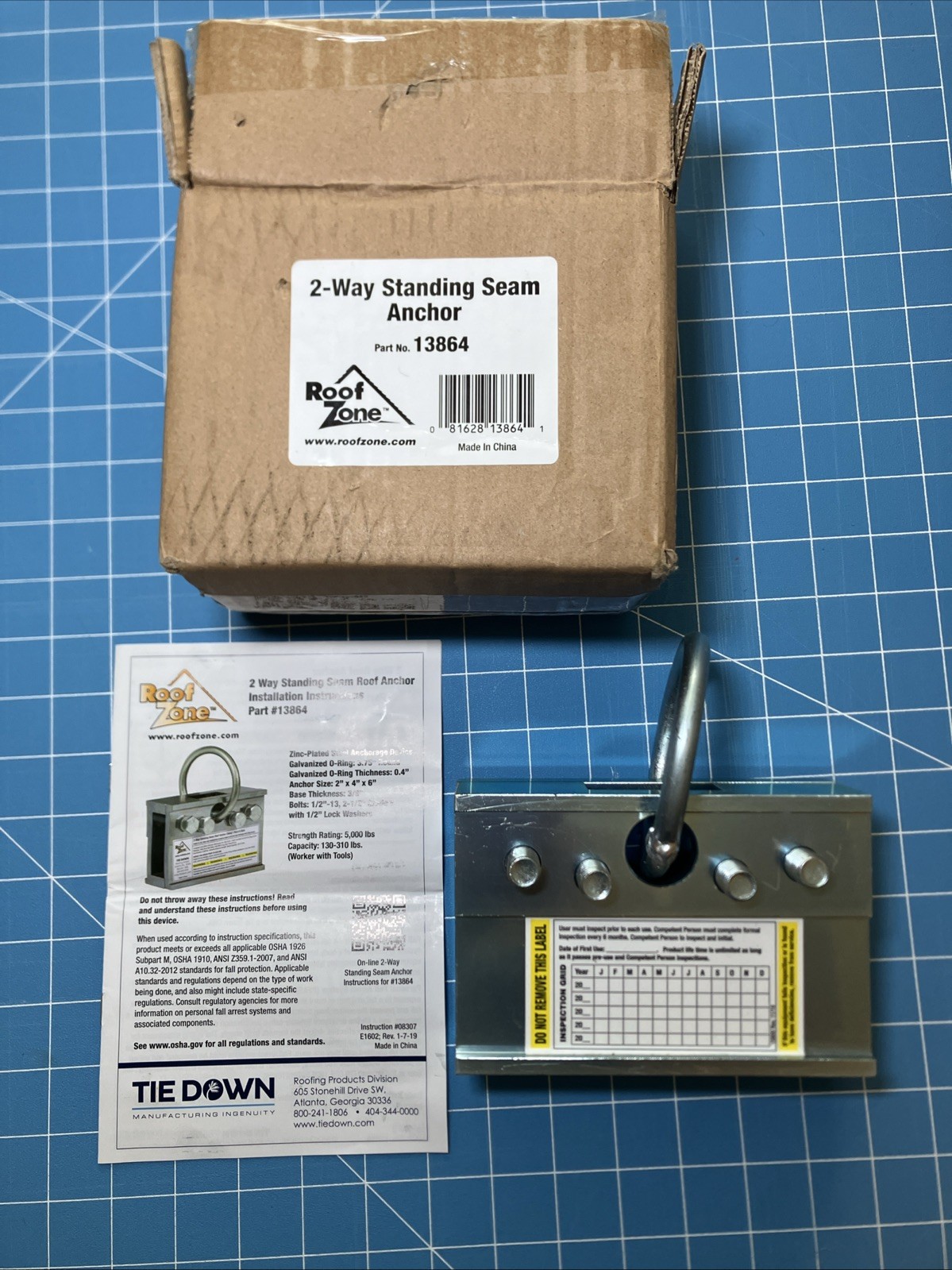 Roof Zone 2-Way Standing Seam Anchor Tie Down  PART No 13864 New Ships Free!