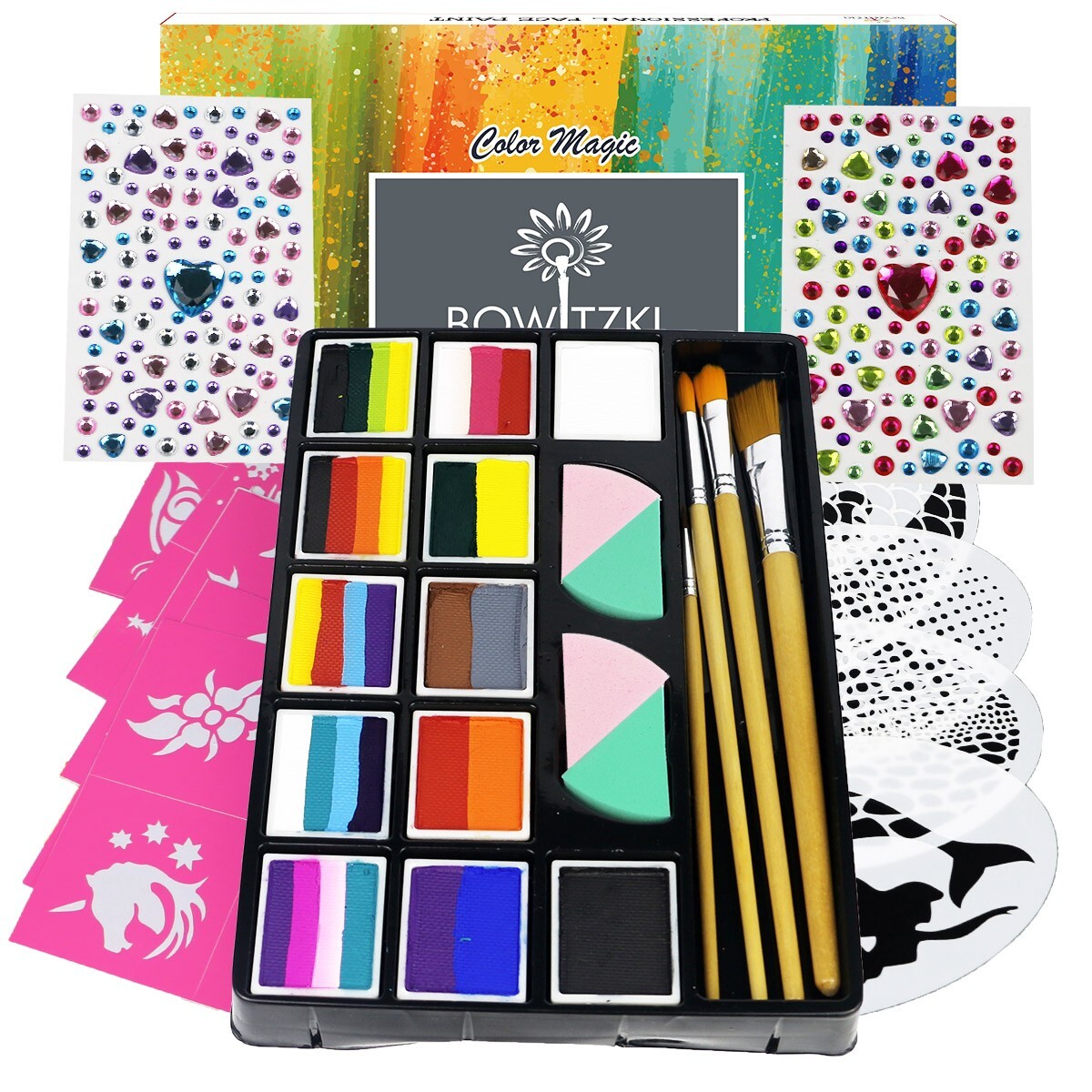 Bowitzki Professional Face Paint kit Split Cakes 1 Stroke Body Paint Brushes Set