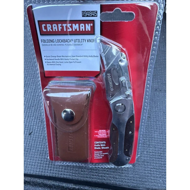 Craftsman 94845 Folding Lockback Utility Knife Wooden Handle Leather Sheath