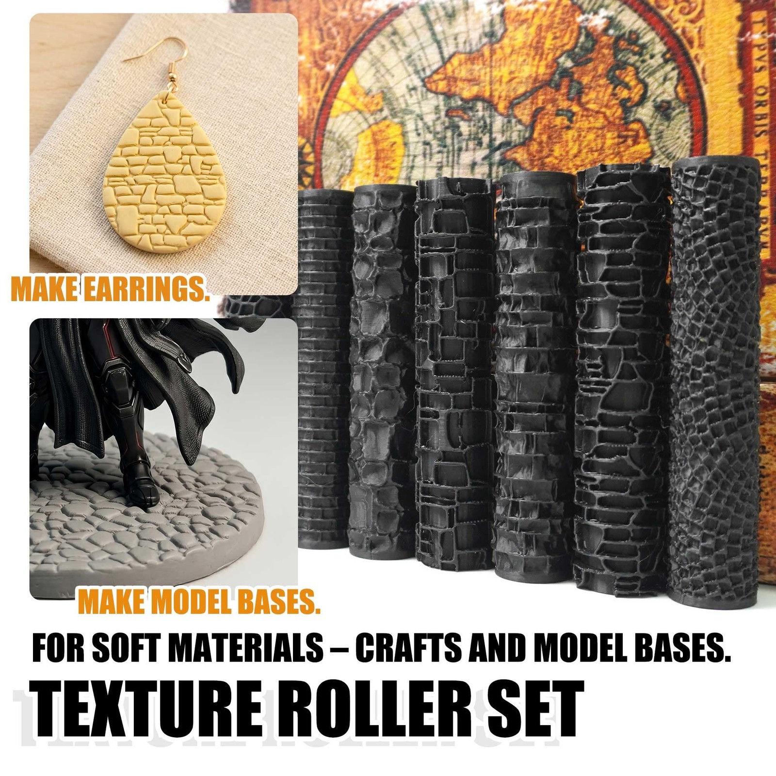 Texture Roller Set – 7-Pattern 3D-Printed Miniature Terrain Rollers for Cl