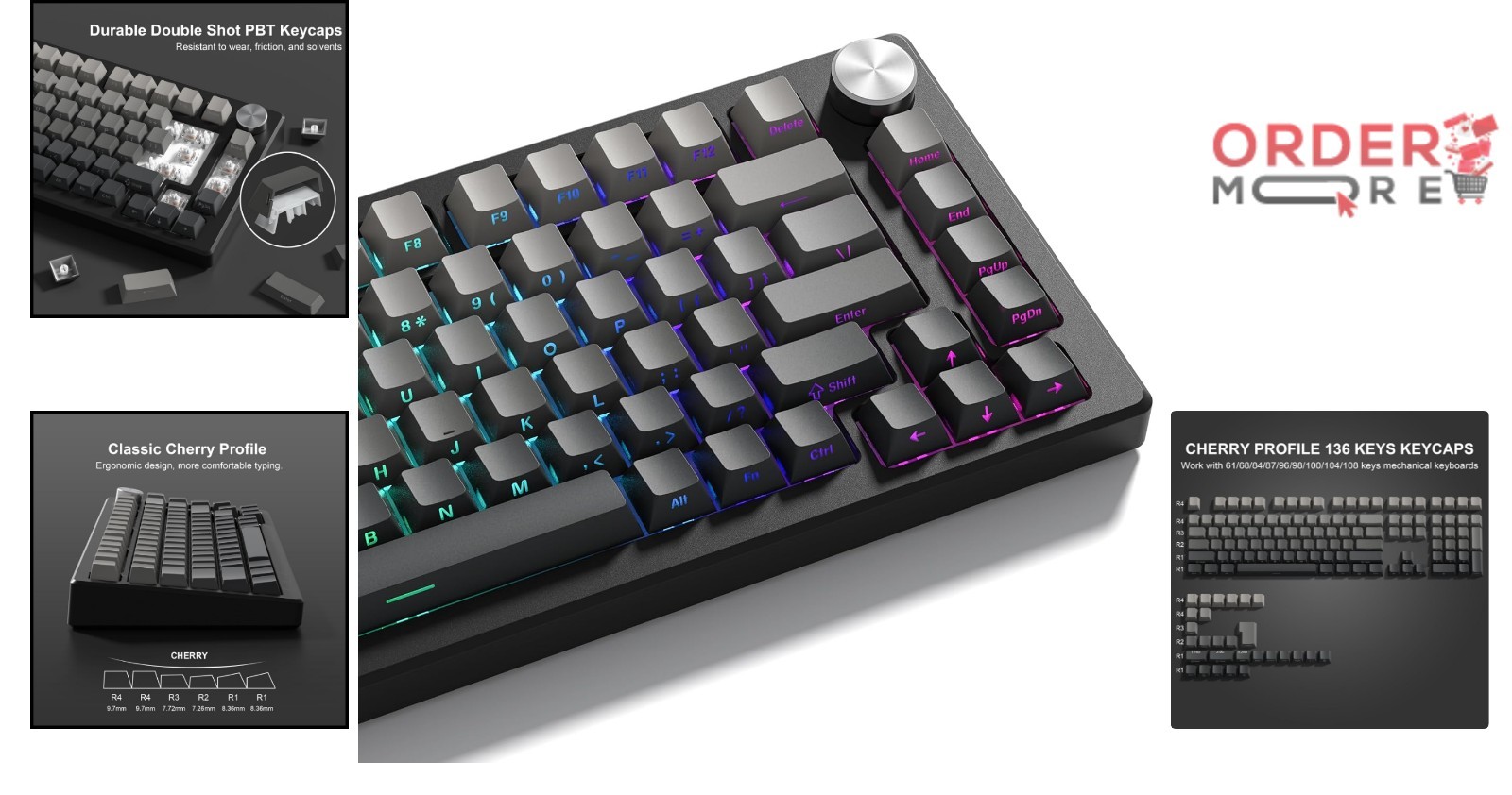 Grey Black PBT Keycap Set 136 Keys Gradient Double Shot Cherry Profile Backlit