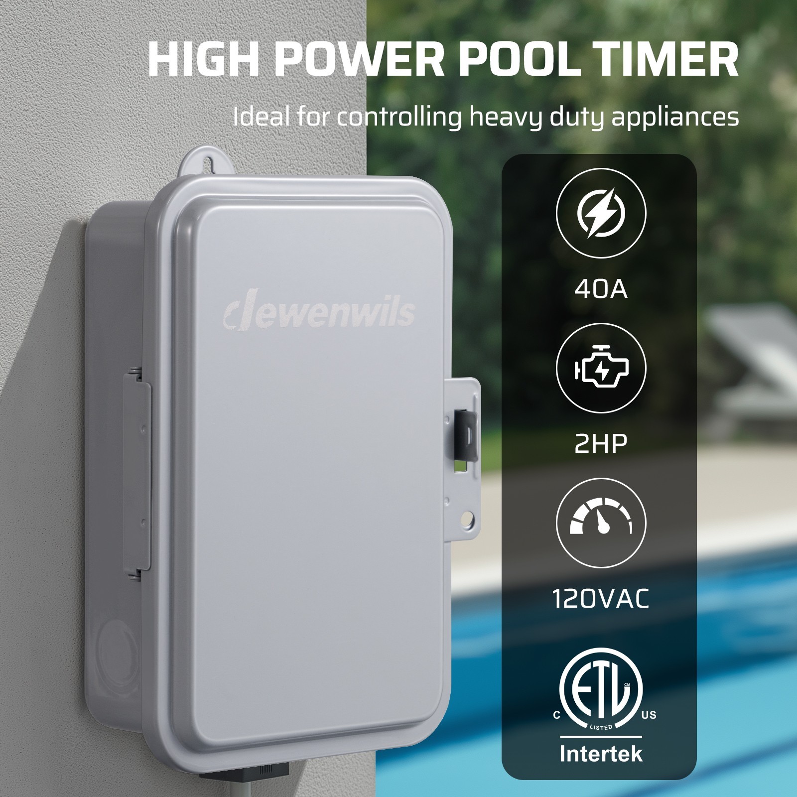 Heavy Duty Pool Timer, 2HP 40A 120V, 24 Hour Programmable ON/Off Switch, Outdoor