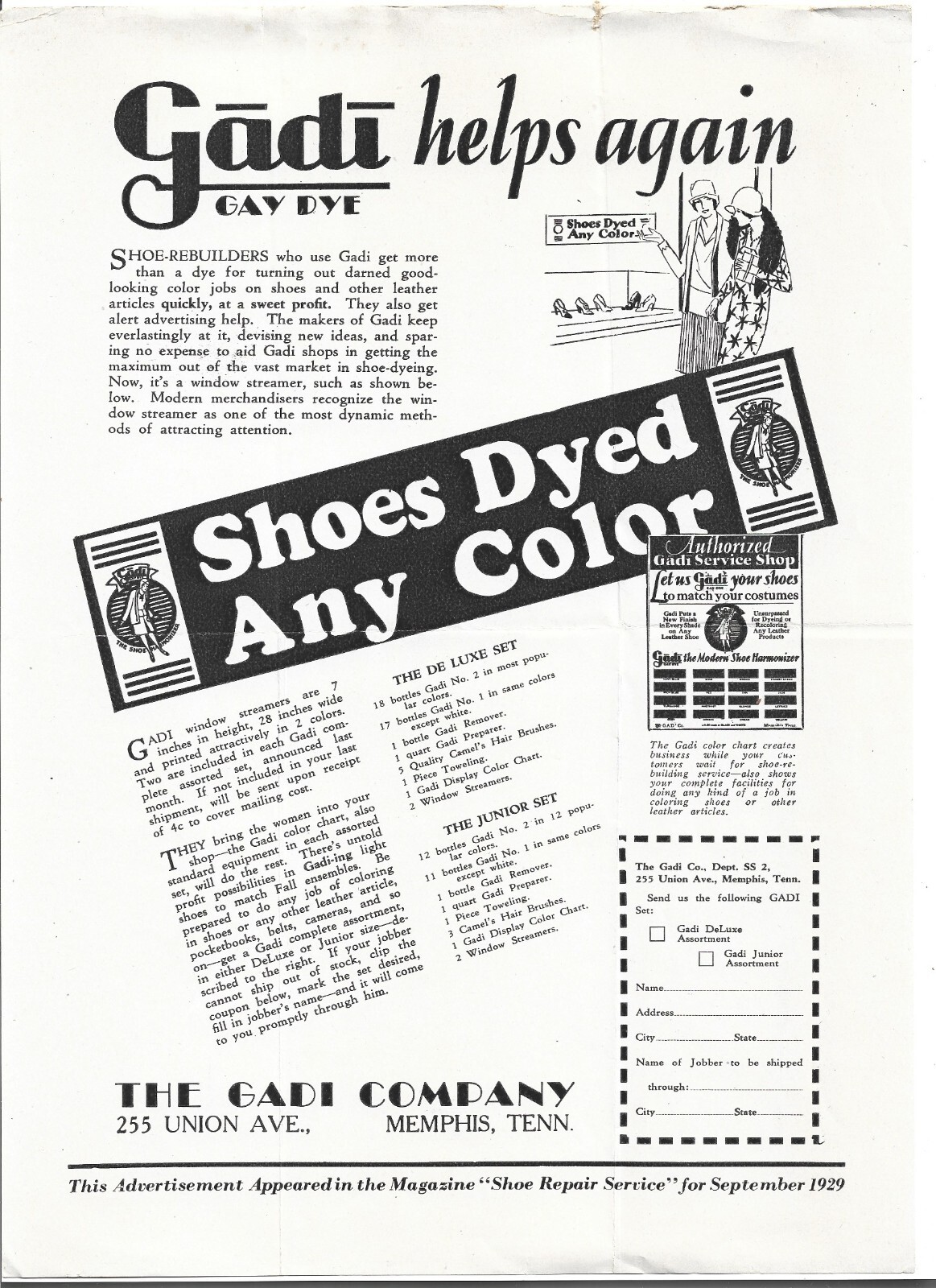 11 LOT~1929 GADI CO. LETTERHEAD/COLOR CHART/ADS~MEMPHIS, TN~SHOE DYES REPAIR/MFG