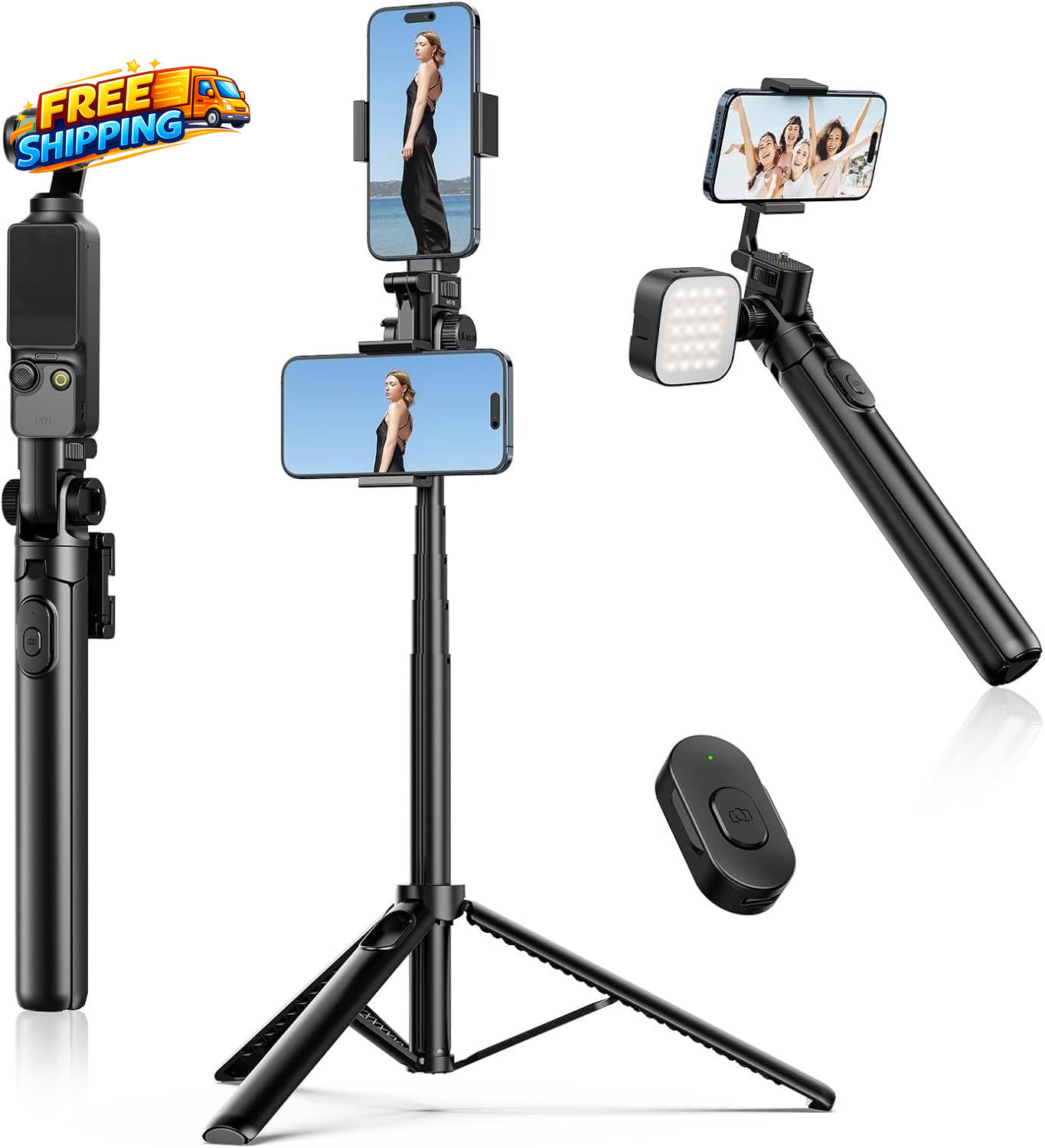 MT-70 Extendable Tripod 63 Selfie Stick Vlog Tripod Stand with 2 Phone Clips as