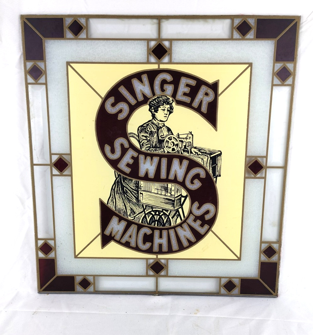 VINTAGE SINGER SEWING MACHINE PAINTED ADVERTISMENT STAIN GLASS SIGN 16x17