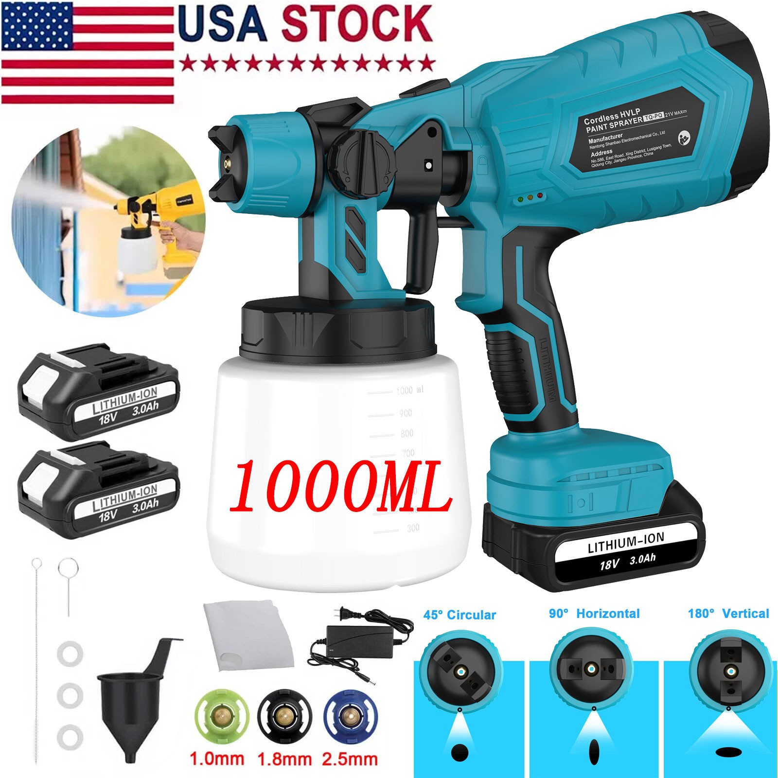 Cordless Paint Sprayer Electric Airless HVLP Spray Gun High Pressure +2 Battery