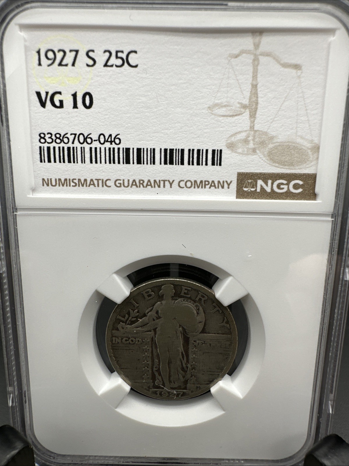 1927-S Standing Liberty Quarter 25C NGC Certified VG10 Graded VG-10