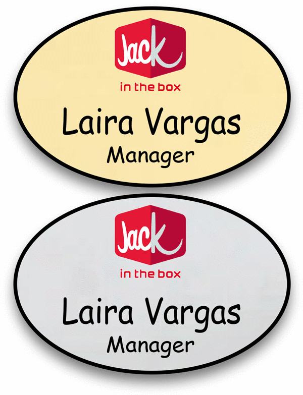 1 GOLD & 1 SILVER OVAL JACK IN THE BOX CUSTOM NAME BADGES MAGNETIC FASTENER