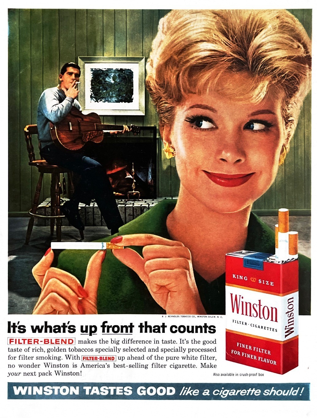 1962 WINSTON Genuine Vintage Print Ad Cigarettes Tobacco Guitar 10" x 14"