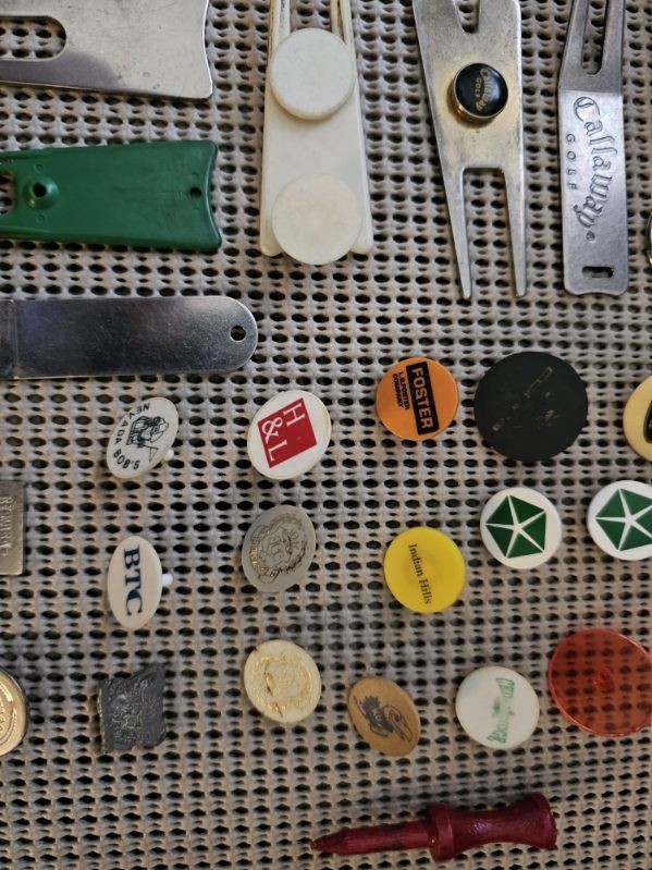 Lot Of 50+ Vintage Golf Ball Markers, Divot Tools, And Spike Tools.