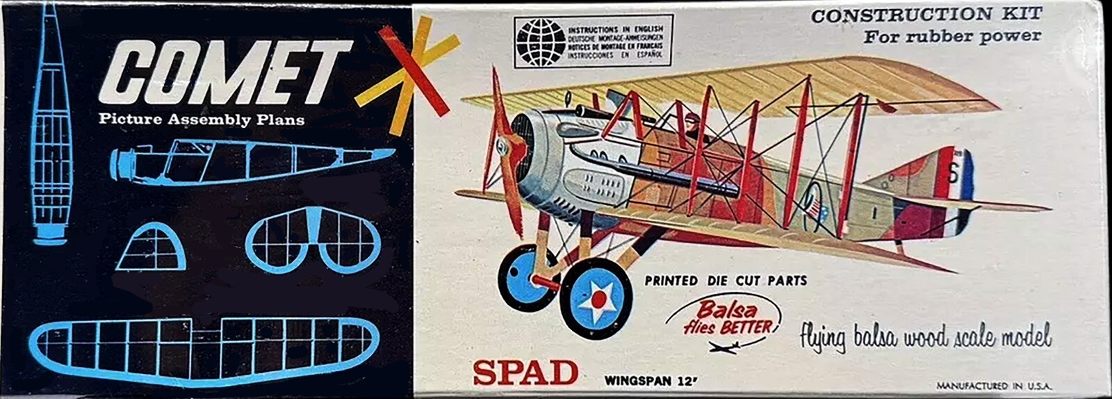Comet Model Airplane Plans (FF): SPAD 12" Wingspan Scale Rubber-Powered #3105