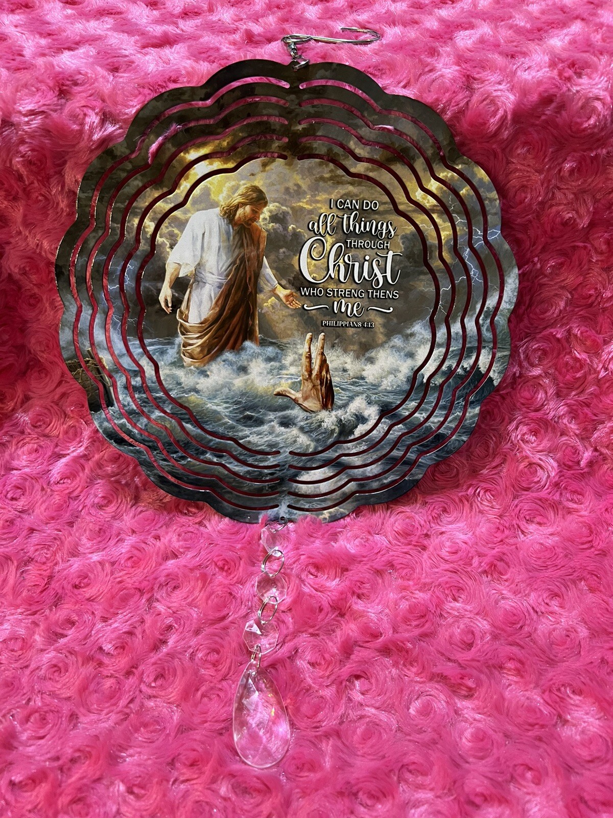 Through Christ Metal Windspinner With Suncatcher Tail
