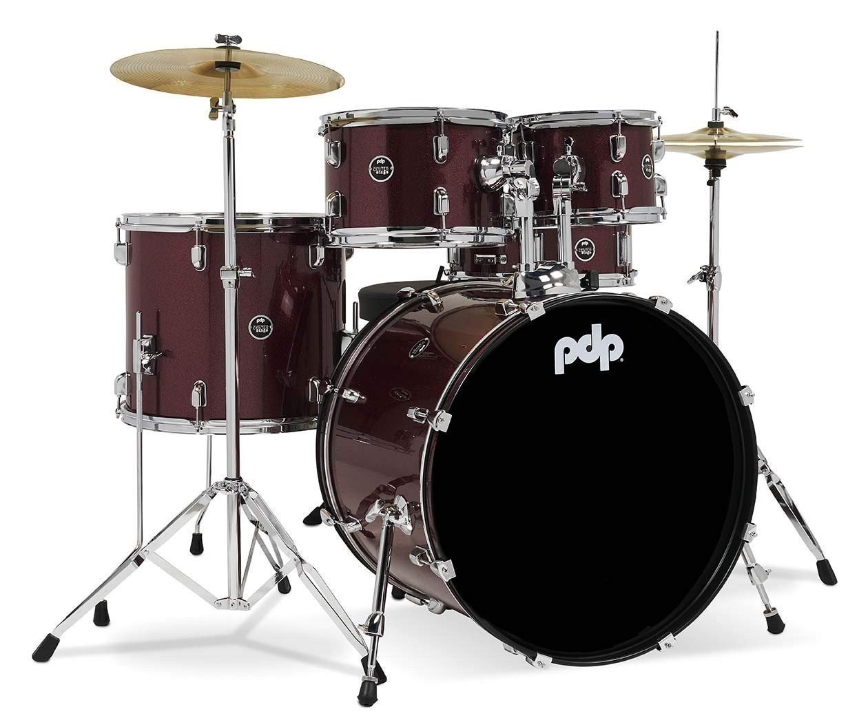 Pacific Drums Center Stage Complete Drumkit, 5 Drum Set, Ruby Red Sparkle,...