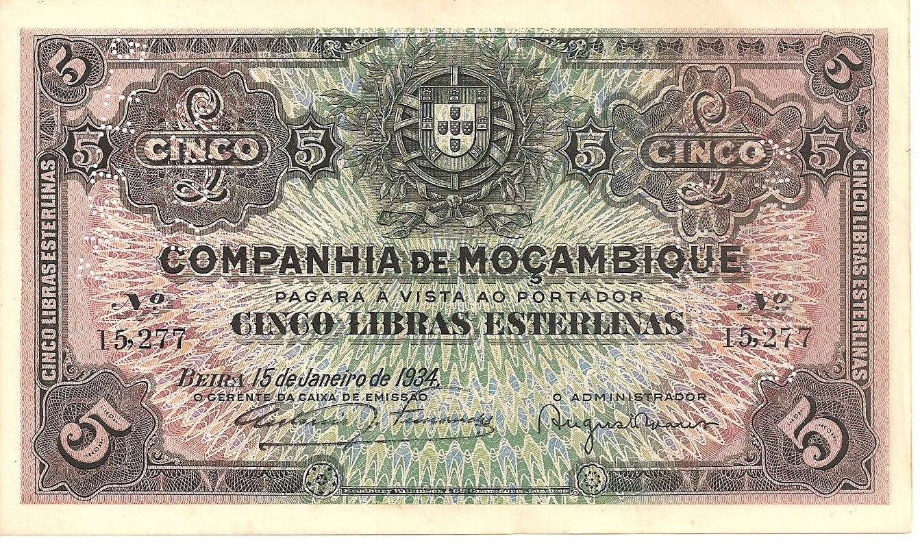 MOZAMBIQUE PORTUGAL 5 POUNDS 1934  R32. VF CONDITION. 3RW 22 ABRIL