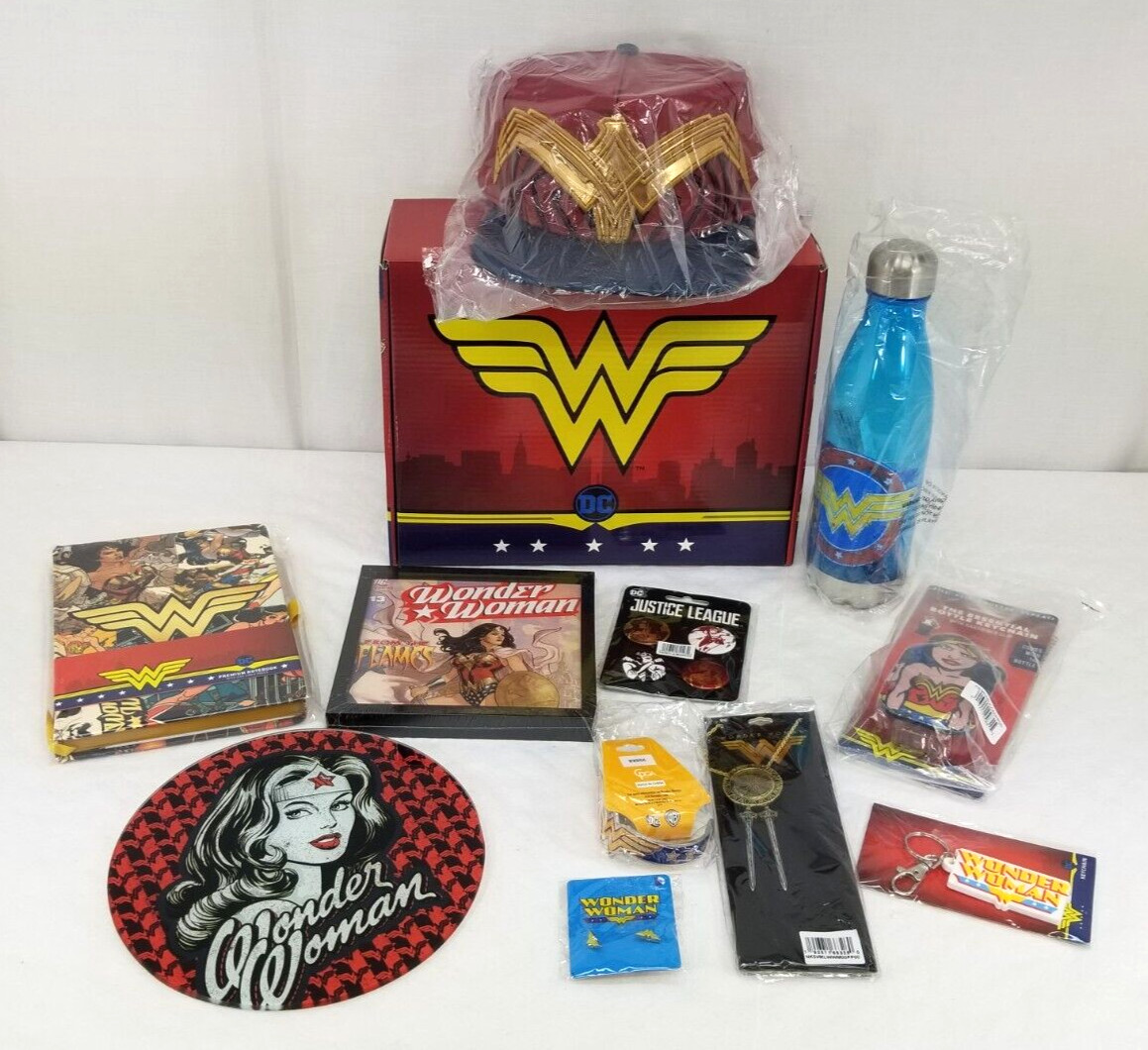Wonder Woman Lot Hat Bottle Necklace Bracelet Earrings Key Chains Journal Pins