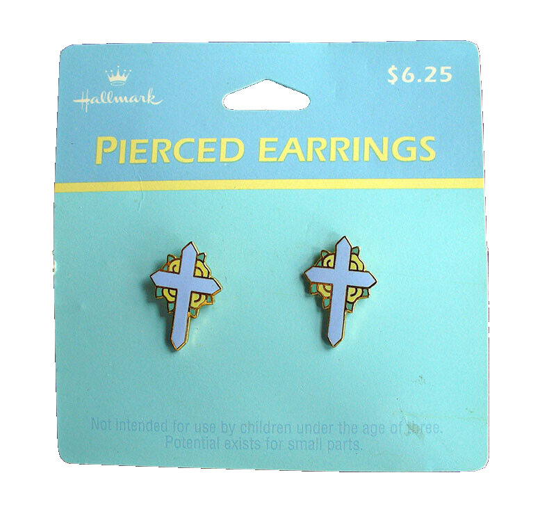Hallmark EARRINGS Easter Vintage RELIGIOUS CROSS Cloisonne Blue 1980s POSTS NEW