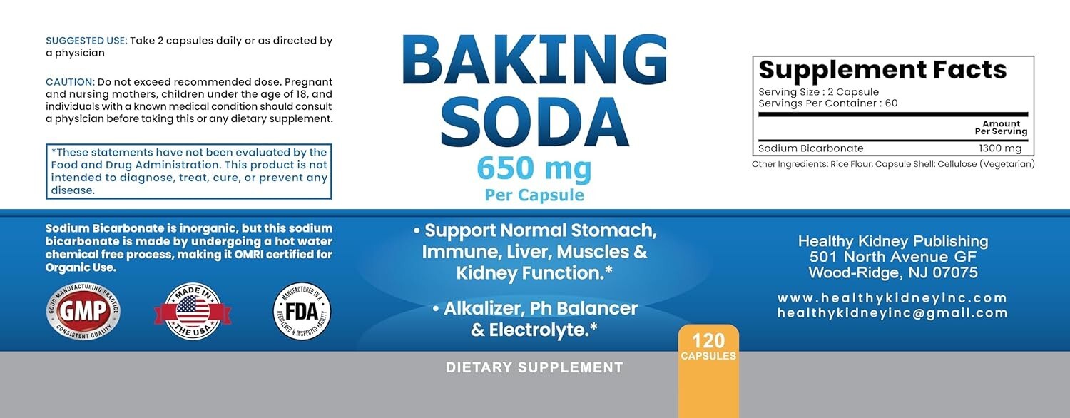 Natural Baking Soda Capsules Kidney Stomach Acid Sodium Bicarbonate Pills 650 mg