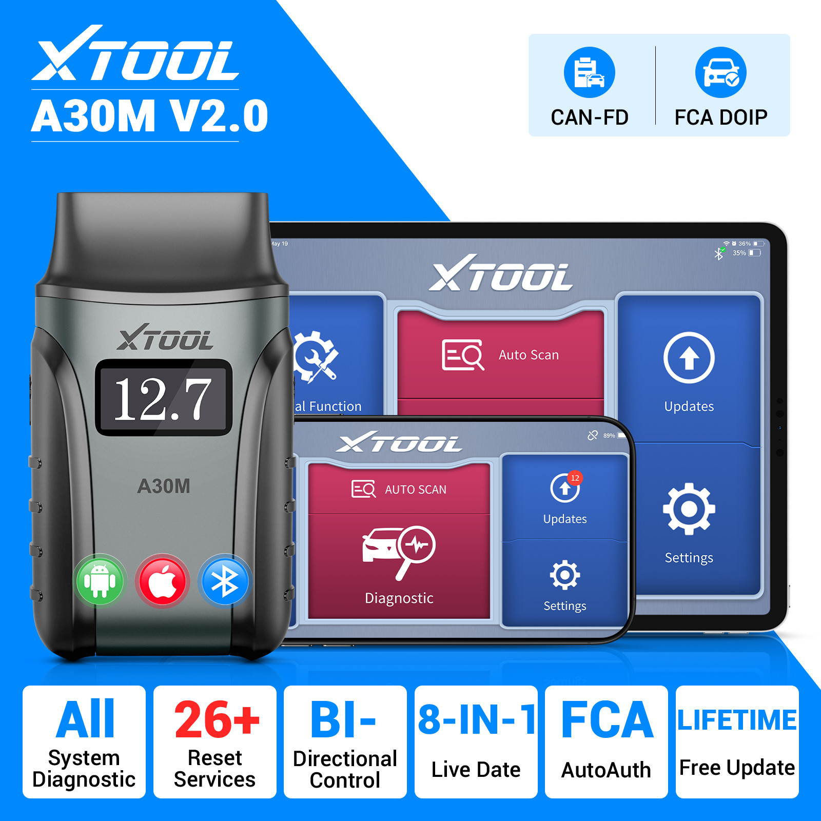 XTOOL A30M V2.0 Bluetooth Bidirectional Diagnostic Tool OBD2 Scanner 26+ Service