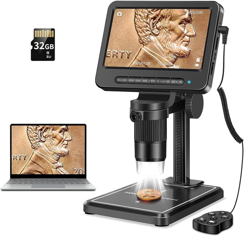 Leipan 1080P LCD Digital Microscope with 32GB SD Card, Coin black